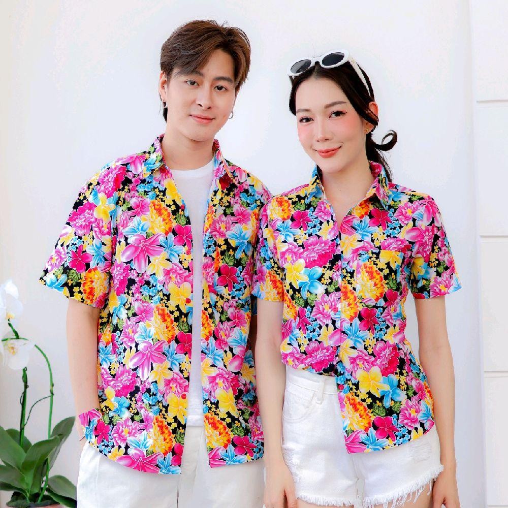 PINK014เสื้อเชิ้ตลายดอก ผ้าคอตตอน100% สีไม่ตก ผ้าไม่หด ลายคมชัด มีไซส์หญิงชาย งานป้ายKTIERออกแบบเอง*1ตัว*