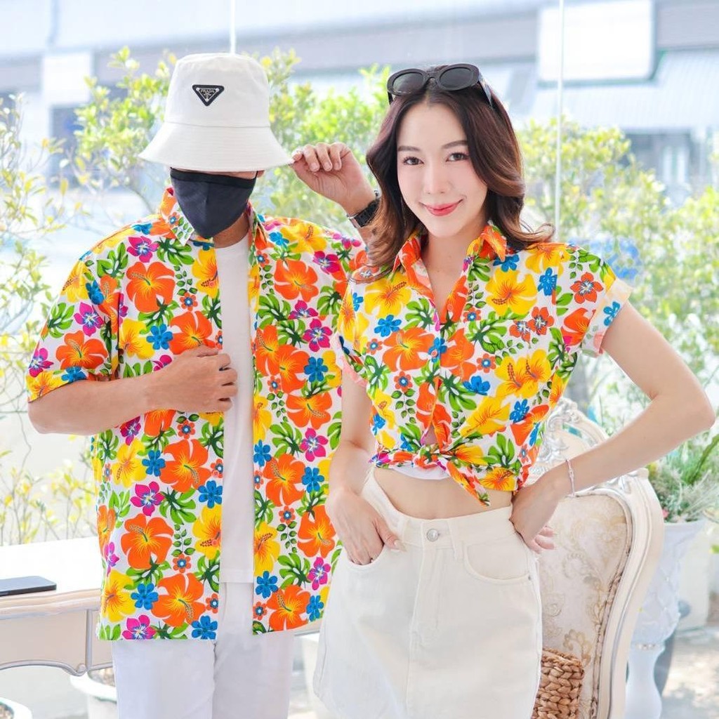 PINK023เสื้อเชิ้ตลายดอก ผ้าคอตตอน100% สีไม่ตก ผ้าไม่หดทลายคมชัด มีไซส์หญิงชาย34-56นิ้ว งานป้ายKTIER**1ตัว