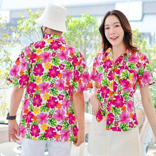 PINK023เสื้อเชิ้ตลายดอก ผ้าคอตตอน100% สีไม่ตก ผ้าไม่หดทลายคมชัด มีไซส์หญิงชาย34-56นิ้ว งานป้ายKTIER**1ตัว