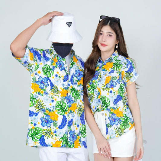 PINK028เสื้อเชิ้ตลายดอก ผ้าคอตตอน100% สีไม่ตก ผ้าไม่หดทลายคมชัด มีไซส์หญิงชาย34-56นิ้ว งานป้ายKTIER**1ตัว