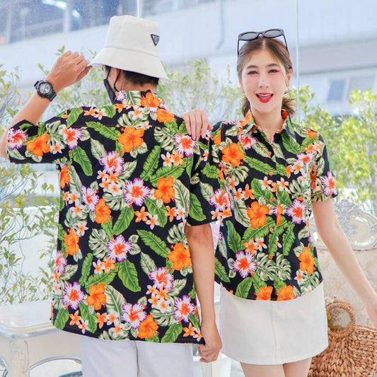 KING09 เสื้อเชิ้อสงกรานต์ลายดอก ผ้าคอตตอน100% สีไม่ตก ผ้าไม่หด ลายคมชัด มีไซส์หญิงชาย 34-56นิ้ว งานป้าย ออกแบบเอง*1ตัว*