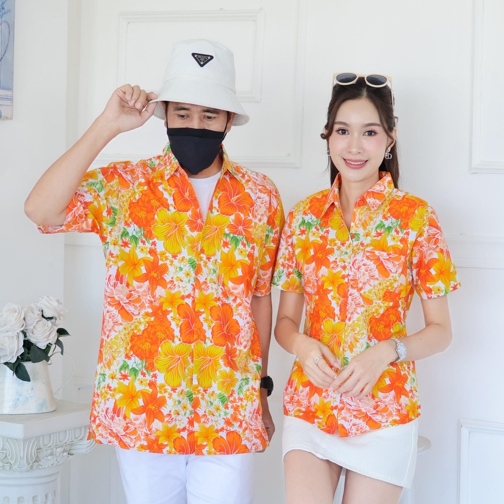 Pink019เสื้อเชิ้ตลายดอก ผ้าคอตตอน100% สีไม่ตก ผ้าไม่หดทลายคมชัด มีไซส์หญิงชาย34-56นิ้ว งานป้ายKTIER**1ตัว