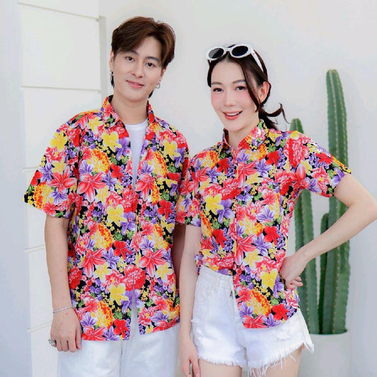 PINK014เสื้อเชิ้ตลายดอก ผ้าคอตตอน100% สีไม่ตก ผ้าไม่หด ลายคมชัด มีไซส์หญิงชาย งานป้ายKTIERออกแบบเอง*1ตัว*