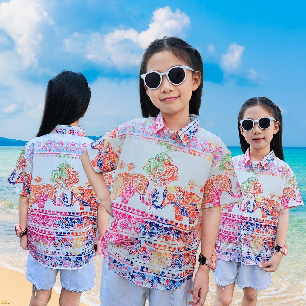 PINKรวมเสื้อฮาวายเด็ก หญิงชายใส่ได้ ผ้าโพลีพรีเมี่ยม ลายคมชัด ผ้าพริ้วใส่สบาย