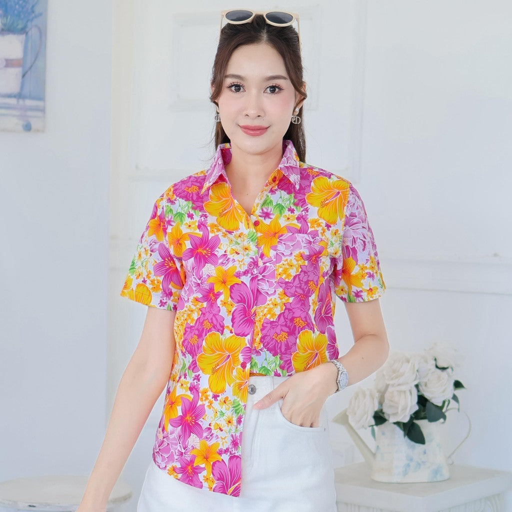Pink019เสื้อเชิ้ตลายดอก ผ้าคอตตอน100% สีไม่ตก ผ้าไม่หดทลายคมชัด มีไซส์หญิงชาย34-56นิ้ว งานป้ายKTIER**1ตัว