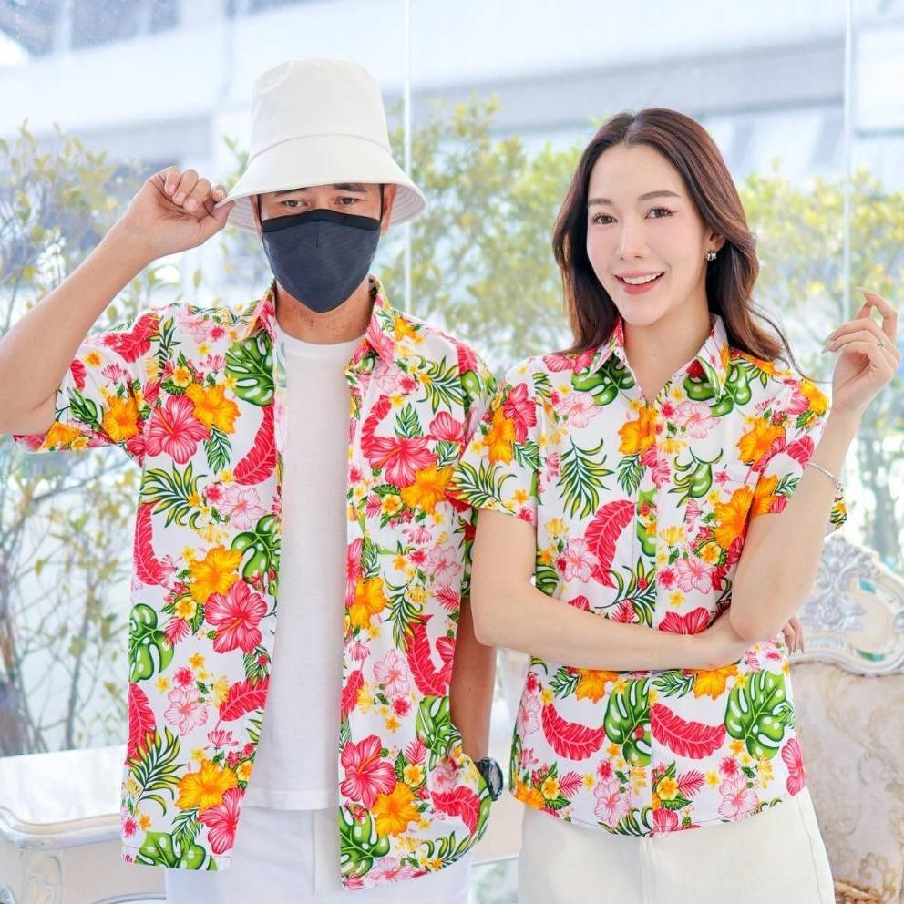 PINK028เสื้อเชิ้ตลายดอก ผ้าคอตตอน100% สีไม่ตก ผ้าไม่หดทลายคมชัด มีไซส์หญิงชาย34-56นิ้ว งานป้ายKTIER**1ตัว