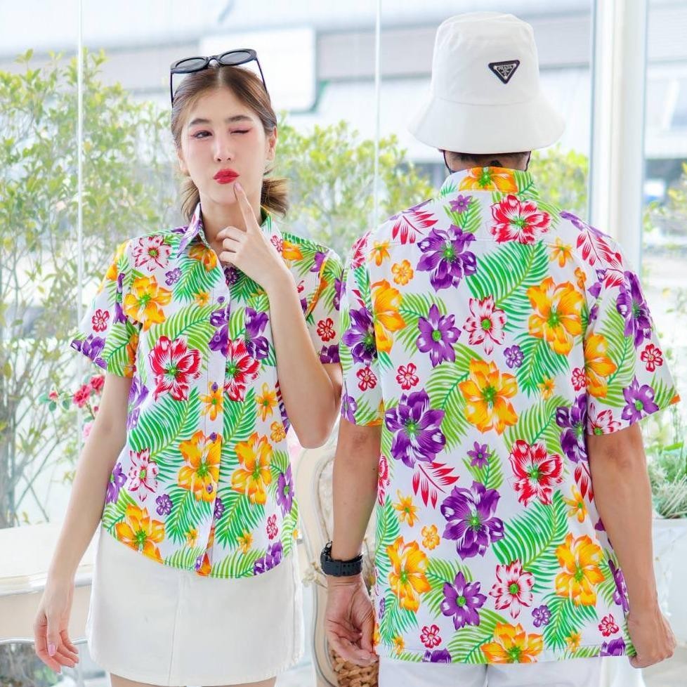 PINK017 เสื้อเชิ้ตลายดอก ผ้าคอตตอน100% สีไม่ตก ผ้าไม่หด ลายคมชัด มีไซส์หญิงชาย S-5XL งาน ป้ายKTIER*1ตัว*