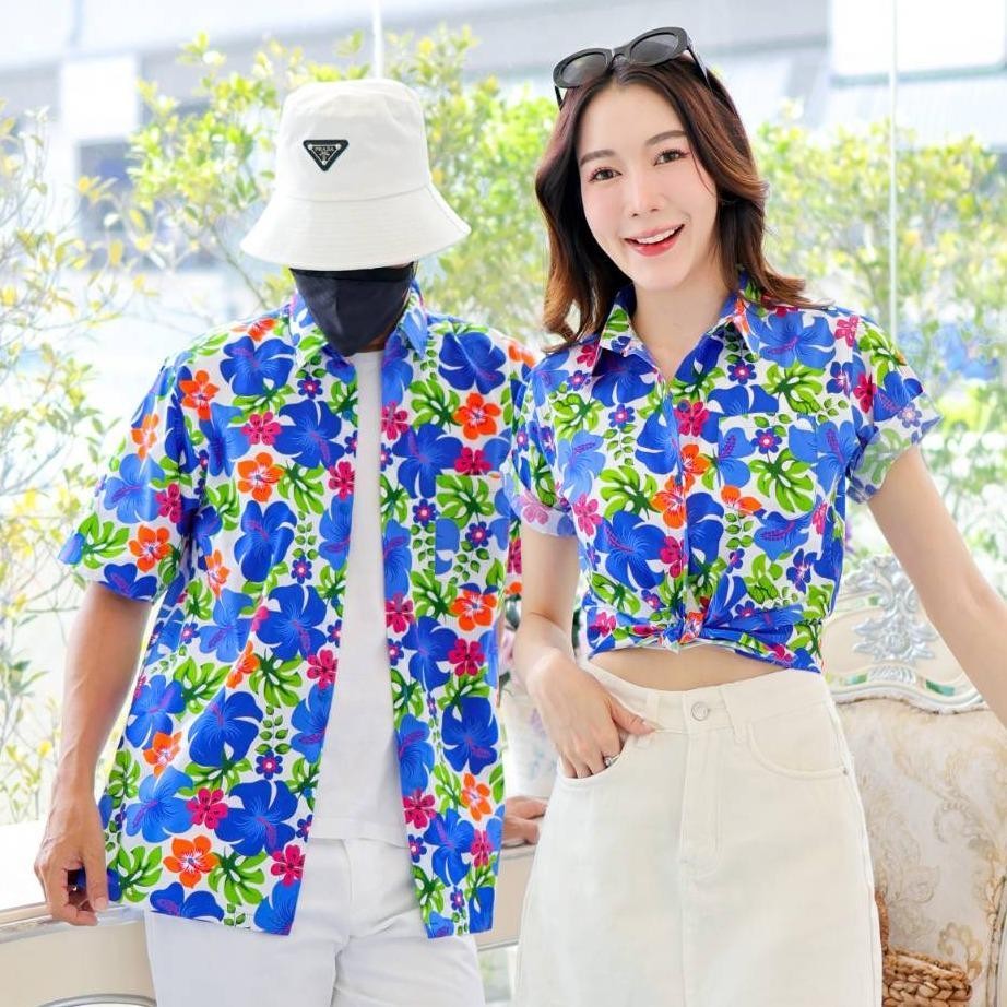 PINK023เสื้อเชิ้ตลายดอก ผ้าคอตตอน100% สีไม่ตก ผ้าไม่หดทลายคมชัด มีไซส์หญิงชาย34-56นิ้ว งานป้ายKTIER**1ตัว
