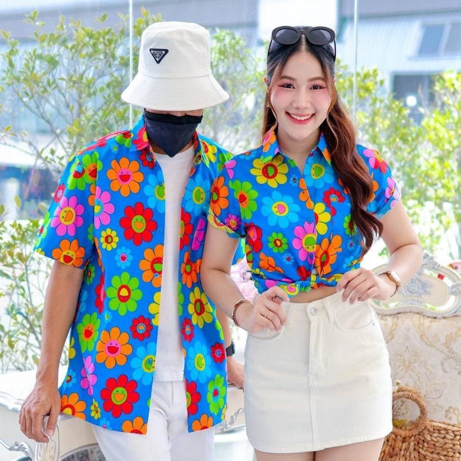 PINK036เสื้อเชิ้ตลายยิ้ม ผ้าคอตตอน100% สีไม่ตก ผ้าไม่หด ลายคมชัด มีไซส์หญิงชาย งานป้ายKTIERออกแบบเอง*1ตัว*