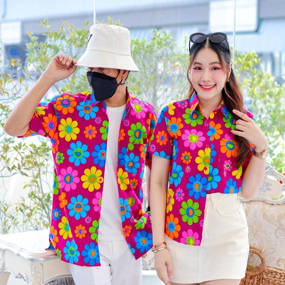 PINK036เสื้อเชิ้ตลายยิ้ม ผ้าคอตตอน100% สีไม่ตก ผ้าไม่หด ลายคมชัด มีไซส์หญิงชาย งานป้ายKTIERออกแบบเอง*1ตัว*