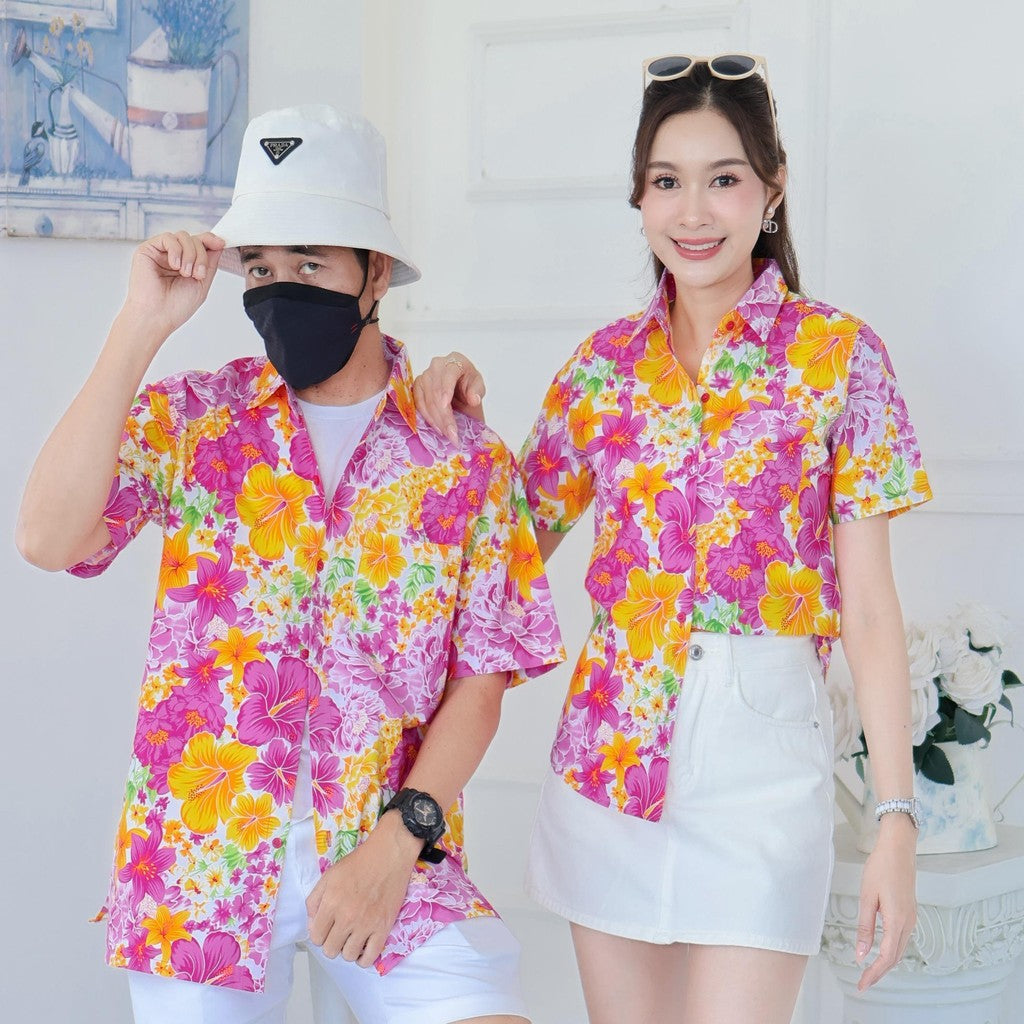 Pink019เสื้อเชิ้ตลายดอก ผ้าคอตตอน100% สีไม่ตก ผ้าไม่หดทลายคมชัด มีไซส์หญิงชาย34-56นิ้ว งานป้ายKTIER**1ตัว