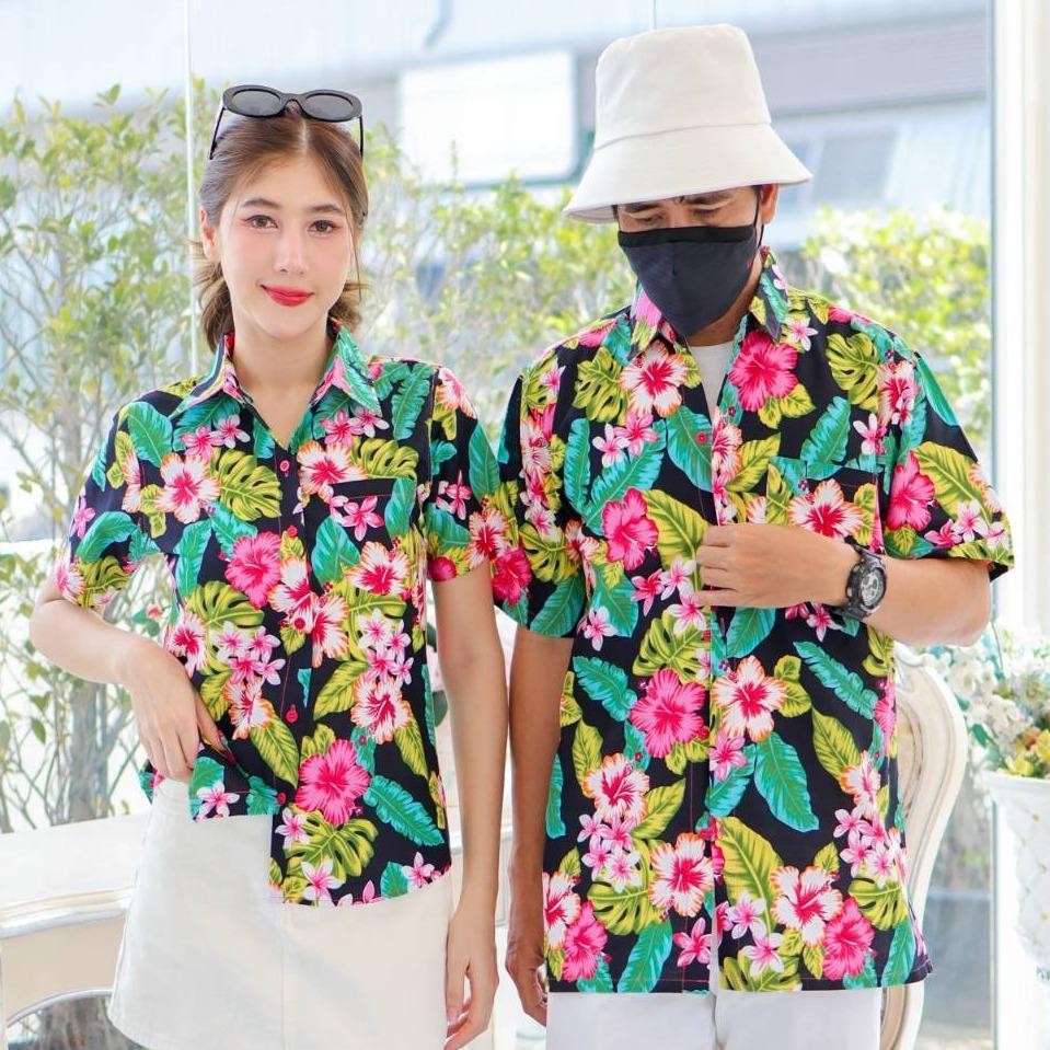 KING09 เสื้อเชิ้อสงกรานต์ลายดอก ผ้าคอตตอน100% สีไม่ตก ผ้าไม่หด ลายคมชัด มีไซส์หญิงชาย 34-56นิ้ว งานป้าย ออกแบบเอง*1ตัว*