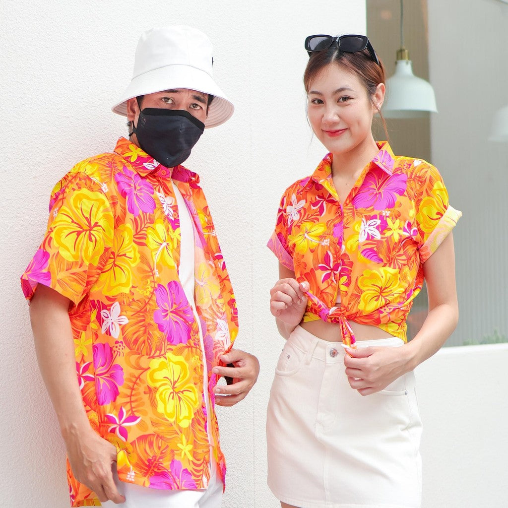 PINK029 เสื้อเชิ้ตลายดอก ผ้าคอตตอน100% สีไม่ตก ผ้าไม่หด ลายคมชัด มีไซส์หญิงชาย งานป้ายKTIERออกแบบเอง*1ตัว*