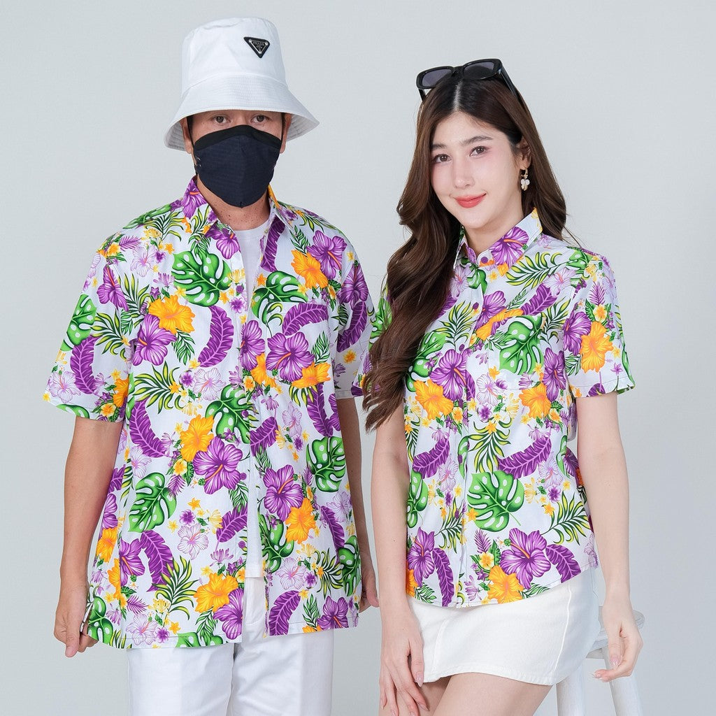 PINK028เสื้อเชิ้ตลายดอก ผ้าคอตตอน100% สีไม่ตก ผ้าไม่หดทลายคมชัด มีไซส์หญิงชาย34-56นิ้ว งานป้ายKTIER**1ตัว