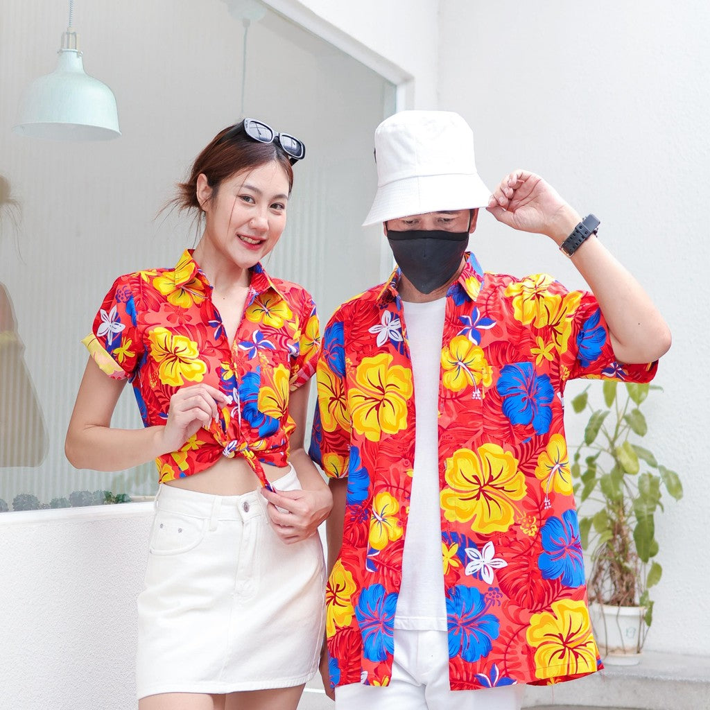PINK029 เสื้อเชิ้ตลายดอก ผ้าคอตตอน100% สีไม่ตก ผ้าไม่หด ลายคมชัด มีไซส์หญิงชาย งานป้ายKTIERออกแบบเอง*1ตัว*