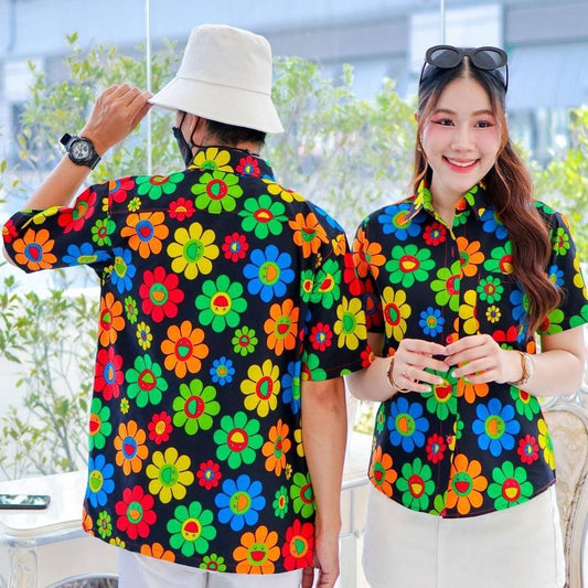 PINK036เสื้อเชิ้ตลายยิ้ม ผ้าคอตตอน100% สีไม่ตก ผ้าไม่หด ลายคมชัด มีไซส์หญิงชาย งานป้ายKTIERออกแบบเอง*1ตัว*