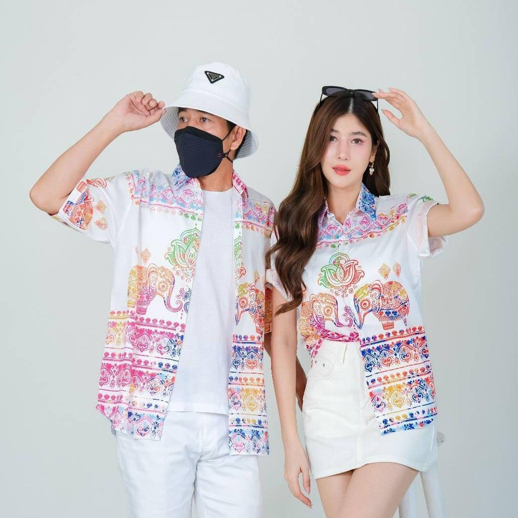HD025 เสื้อฮาวายลายช้างพาสเทล ทรงวัยรุ่น หญิงชายใส่ได้ ผ้าโพลีพรีเมี่ยม ไซส์เด็ก-ผู้ใหญ่ งานปัาย ลายคมชัด **1ตัว**