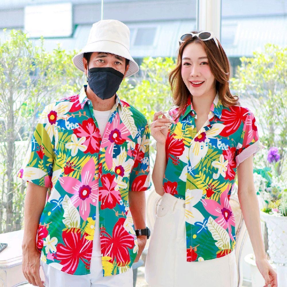 PINK03เสื้อฮาวายลายดอก ไซส์เด็ก-ผู้ใหญ่8XL ครบทีม ผ้าโพลีพลีเมี่ยม ทรงวัยรุ่น หญิงชายใส่ได้ ลายคมชัด **1ตัว**
