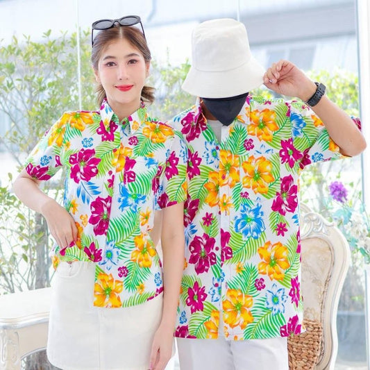 PINK017 เสื้อเชิ้ตลายดอก ผ้าคอตตอน100% สีไม่ตก ผ้าไม่หด ลายคมชัด มีไซส์หญิงชาย S-5XL งาน ป้ายKTIER*1ตัว*