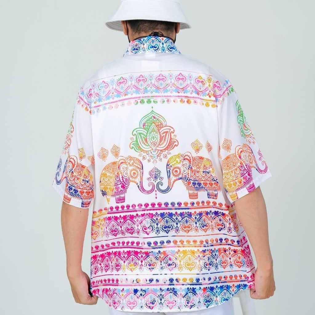 HD025 เสื้อฮาวายลายช้างพาสเทล ทรงวัยรุ่น หญิงชายใส่ได้ ผ้าโพลีพรีเมี่ยม ไซส์เด็ก-ผู้ใหญ่ งานปัาย ลายคมชัด **1ตัว**