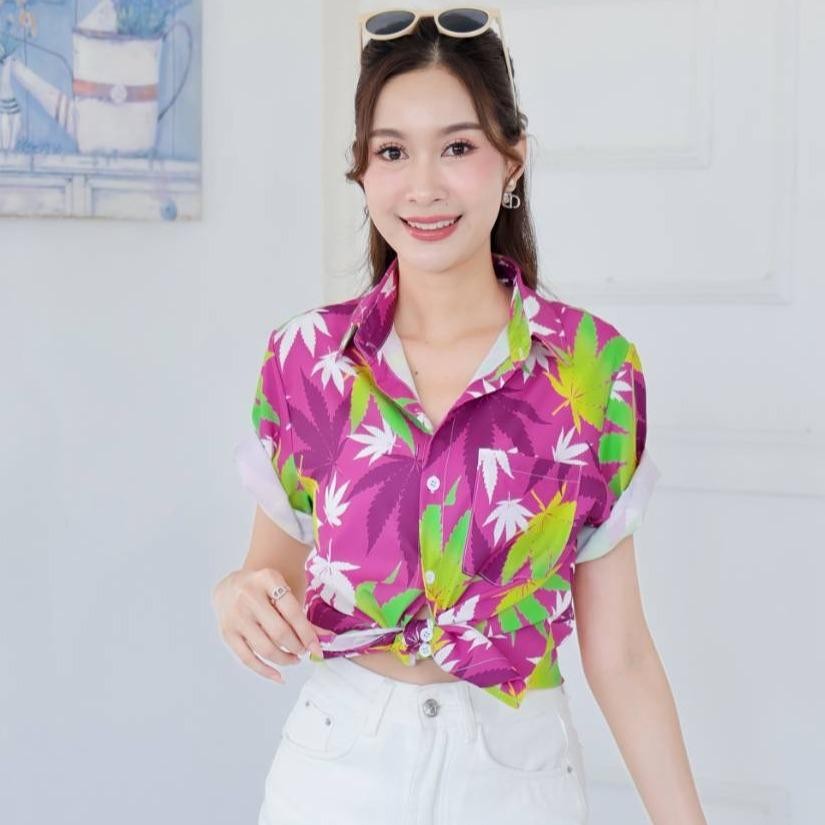 PINK06เสื้อฮาวายลายใบ ไซส์S-8XL ครบทีม ผ้าโพลีพลีเมี่ยม ทรงวัยรุ่น หญิงชายใส่ได้ ลายคมชัด **1ตัว**