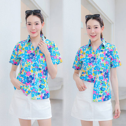 PINKรวมเสื้อเชิ้ตลายดอก2025 เสื้อสงกรานต์ลายดอก ผ้าคอตตอน100% สีไม่ตก ผ้าไม่หด