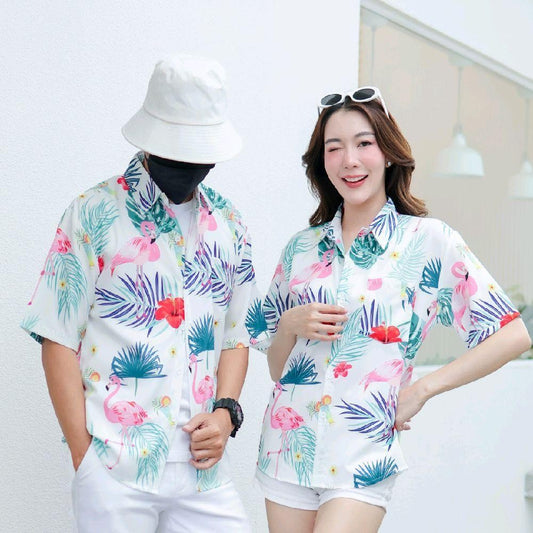 KING3132 เสื้อฮาวายลายใหม่2025 ทรงวัยรุ่น หญิงชายใส่ได้ ผ้าโพลีพรีเมี่ยม ไซส์38-56นิ้ว งานปัายKTIERออกแบบเอง**1ตัว*