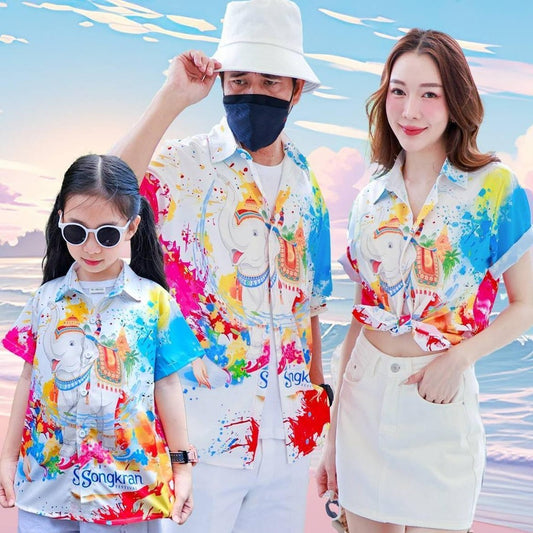 PINK3117เสื้อฮาวายลายช้างSongkran ไซส์เด็ก-ผู้ใหญ่8XL ครบทีม ผ้าโพลีพลีเมี่ยม ทรงวัยรุ่น หญิงชายใส่ได้ ลายคมชัด **1ตัว**