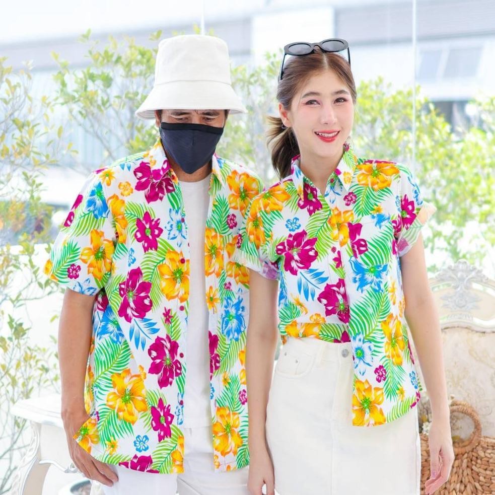 PINK017 เสื้อเชิ้ตลายดอก ผ้าคอตตอน100% สีไม่ตก ผ้าไม่หด ลายคมชัด มีไซส์หญิงชาย S-5XL งาน ป้ายKTIER*1ตัว*