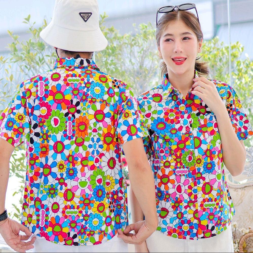 PINK034เสื้อเชิ้ตลายยิ้ม ผ้าคอตตอน100% สีไม่ตก ผ้าไม่หด ลายคมชัด มีไซส์หญิงชาย งานป้ายKTIERออกแบบเอง*1ตัว*