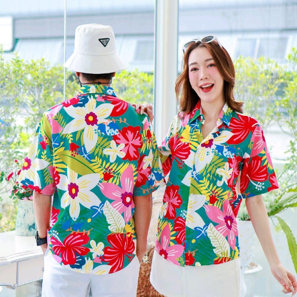 PINK03เสื้อฮาวายลายดอก ไซส์เด็ก-ผู้ใหญ่8XL ครบทีม ผ้าโพลีพลีเมี่ยม ทรงวัยรุ่น หญิงชายใส่ได้ ลายคมชัด **1ตัว**
