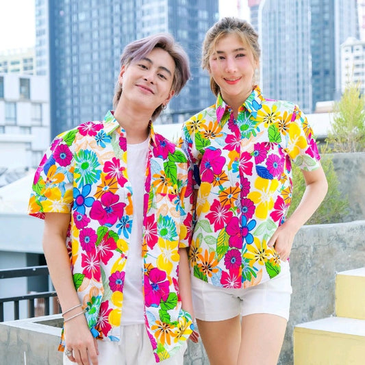 PINKเสื้อสงกรานต์ลายดอก ผ้าคอตตอน100% มีไซส์หญิง ชาย รุ่น0003