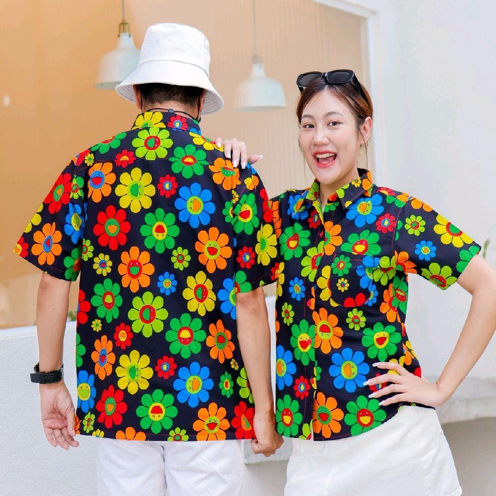 KING036เสื้อเชิ้ตลายยิ้ม ผ้าคอตตอน100% สีไม่ตก ผ้าไม่หด ลายคมชัด มีไซส์หญิงชาย งานป้ายKTIERออกแบบเอง*1ตัว*