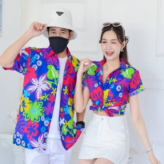 KING021เสื้อเชิ้ตลายยิ้ม ผ้าคอตตอน100% สีไม่ตก ผ้าไม่หด ลายคมชัด มีไซส์หญิงชาย งานป้ายKTIERออกแบบเอง*1ตัว*