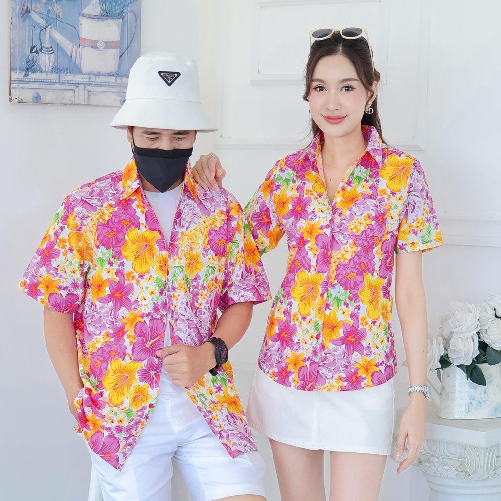 Pink019เสื้อเชิ้ตลายดอก ผ้าคอตตอน100% สีไม่ตก ผ้าไม่หดทลายคมชัด มีไซส์หญิงชาย34-56นิ้ว งานป้ายKTIER**1ตัว