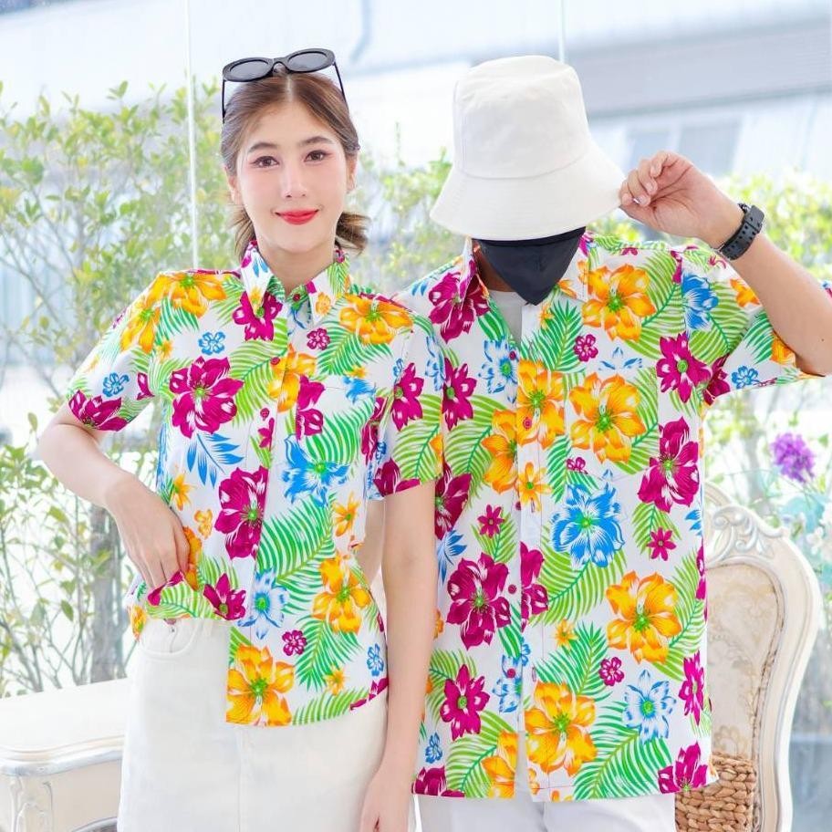 PINK017 เสื้อเชิ้ตลายดอก ผ้าคอตตอน100% สีไม่ตก ผ้าไม่หด ลายคมชัด มีไซส์หญิงชาย S-5XL งาน ป้ายKTIER*1ตัว*