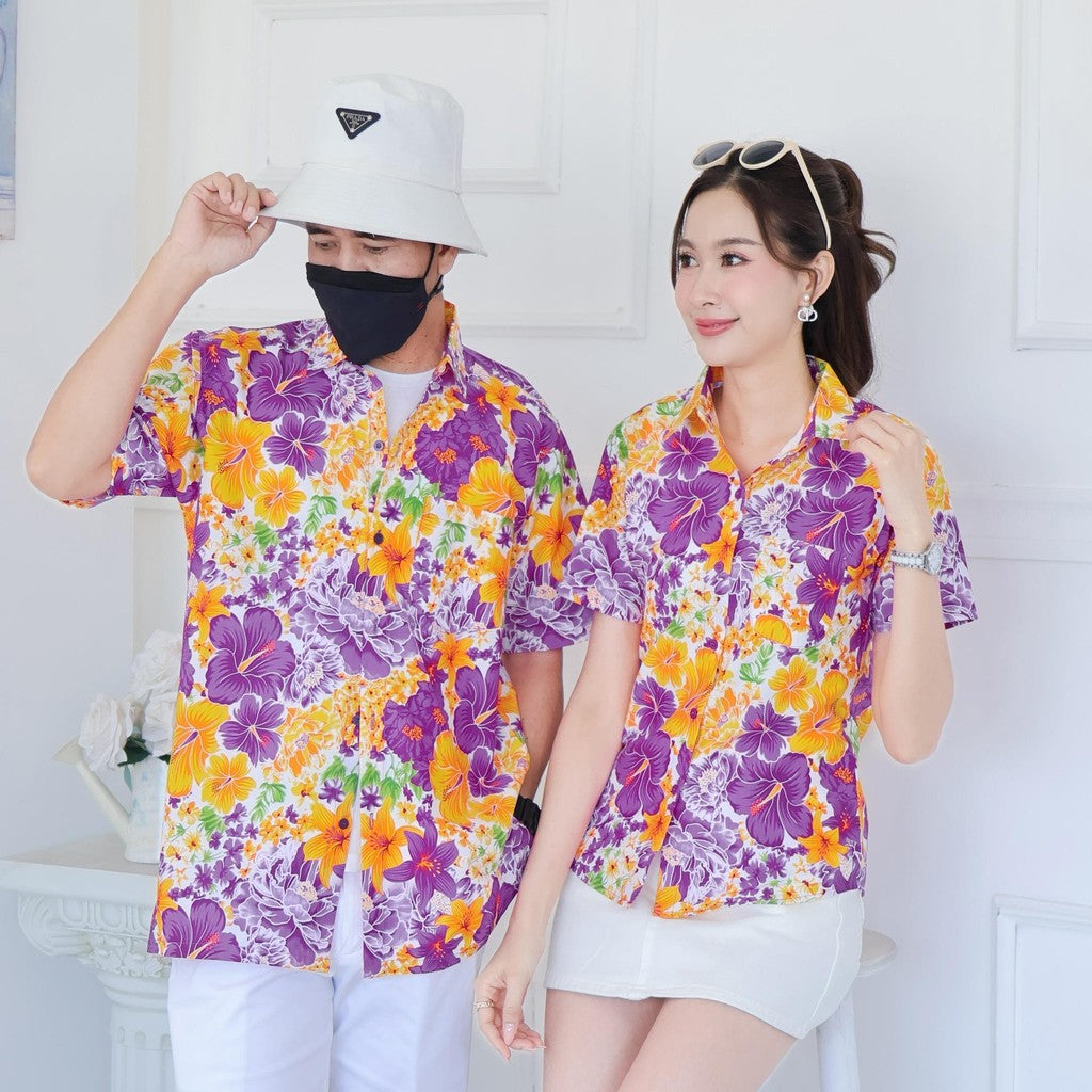 Pink019เสื้อเชิ้ตลายดอก ผ้าคอตตอน100% สีไม่ตก ผ้าไม่หดทลายคมชัด มีไซส์หญิงชาย34-56นิ้ว งานป้ายKTIER**1ตัว