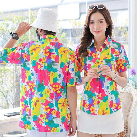 040เสื้อเชิ้ตลายดอก ผ้าคอตตอน100% สีไม่ตก ผ้าไม่หด ลายคมชัด มีไซส์หญิงชาย งานป้ายKTIERออกแบบเอง*1ตัว*