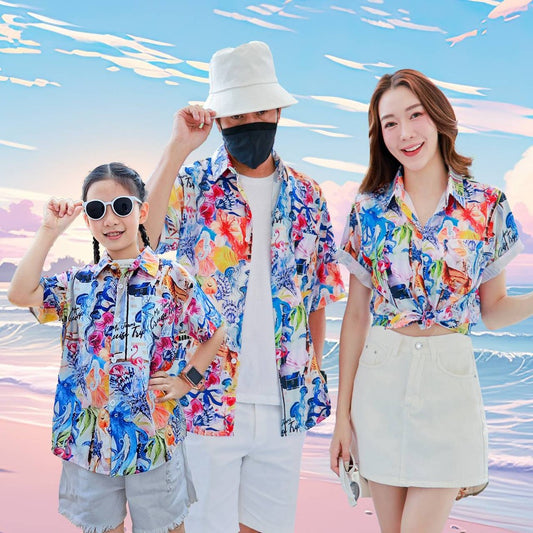 PINK08เสื้อฮาวาย ไซส์เด็ก-ผู้ใหญ่8XL ครบทีม ผ้าโพลีพลีเมี่ยม ทรงวัยรุ่น หญิงชายใส่ได้ ลายคมชัด **1ตัว**