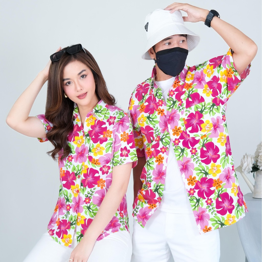 PINK023เสื้อเชิ้ตลายดอก ผ้าคอตตอน100% สีไม่ตก ผ้าไม่หดทลายคมชัด มีไซส์หญิงชาย34-56นิ้ว งานป้ายKTIER**1ตัว