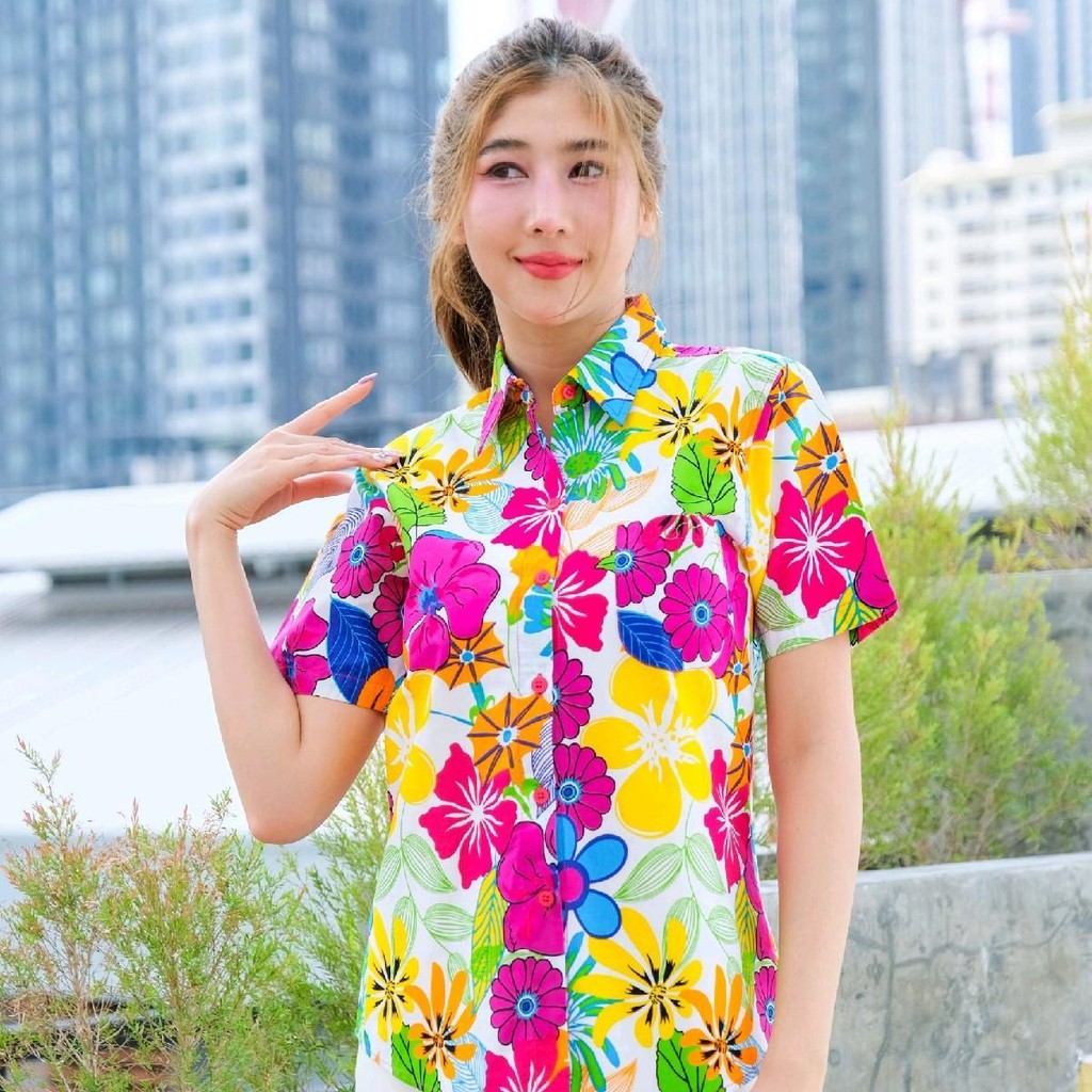 PINKเสื้อสงกรานต์ลายดอก ผ้าคอตตอน100% มีไซส์หญิง ชาย รุ่น0003