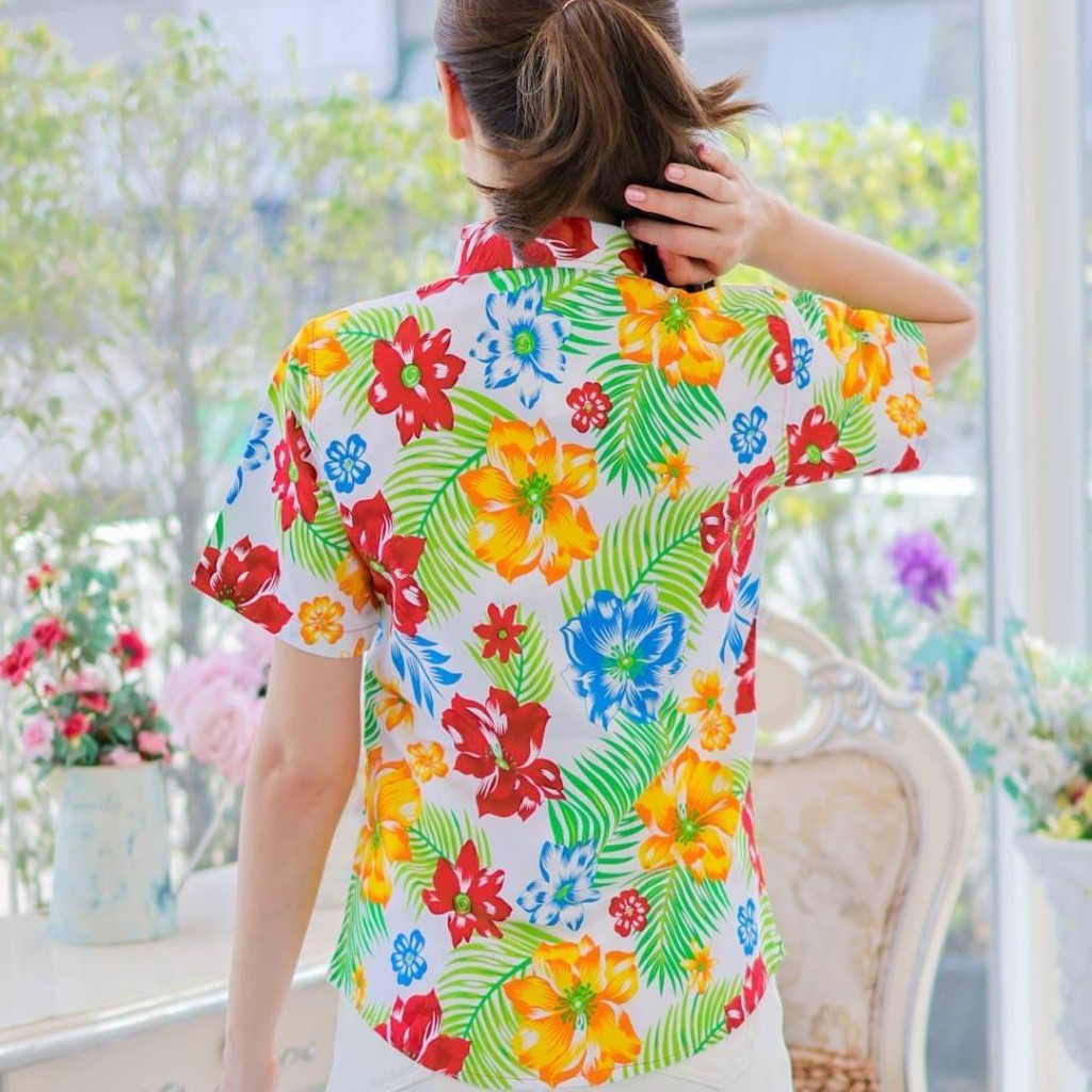 PINK017 เสื้อเชิ้ตลายดอก ผ้าคอตตอน100% สีไม่ตก ผ้าไม่หด ลายคมชัด มีไซส์หญิงชาย S-5XL งาน ป้ายKTIER*1ตัว*
