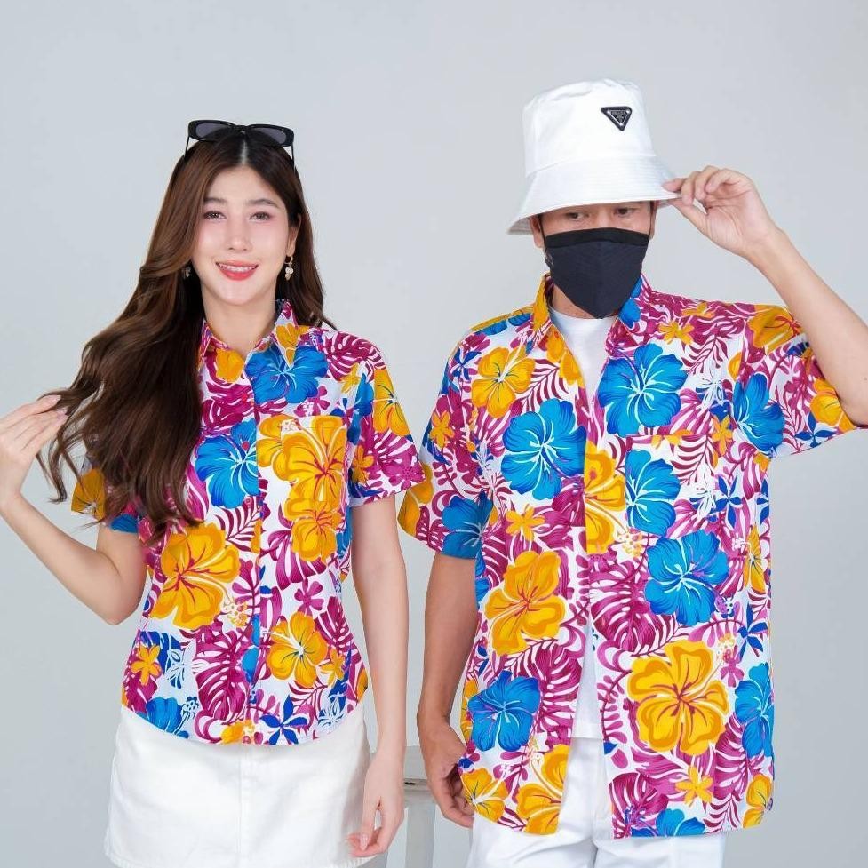 PINK030เสื้อเชิ้ตลายดอก ผ้าคอตตอน100% สีไม่ตก ผ้าไม่หดทลายคมชัด มีไซส์หญิงชาย34-56นิ้ว งานป้ายKTIER**1ตัว