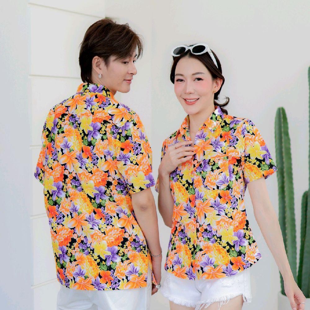 PINK014เสื้อเชิ้ตลายดอก ผ้าคอตตอน100% สีไม่ตก ผ้าไม่หด ลายคมชัด มีไซส์หญิงชาย งานป้ายKTIERออกแบบเอง*1ตัว*