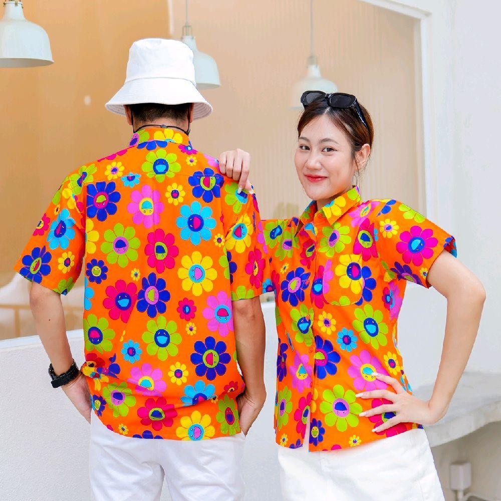 KING036เสื้อเชิ้ตลายยิ้ม ผ้าคอตตอน100% สีไม่ตก ผ้าไม่หด ลายคมชัด มีไซส์หญิงชาย งานป้ายKTIERออกแบบเอง*1ตัว*