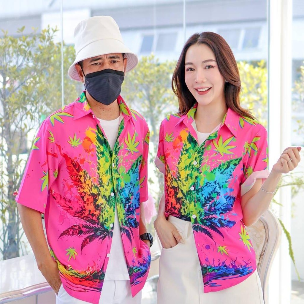 PINKเสื้อฮาวาย3134 สีสันสดใส S-8XL ลายคมชัด ทรงวัยรุ่น หญิงชายใส่ได้