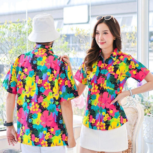 039เสื้อเชิ้ตลายดอก ผ้าคอตตอน100% สีไม่ตก ผ้าไม่หด ลายคมชัด มีไซส์หญิงชาย งานป้ายKTIERออกแบบเอง*1ตัว*