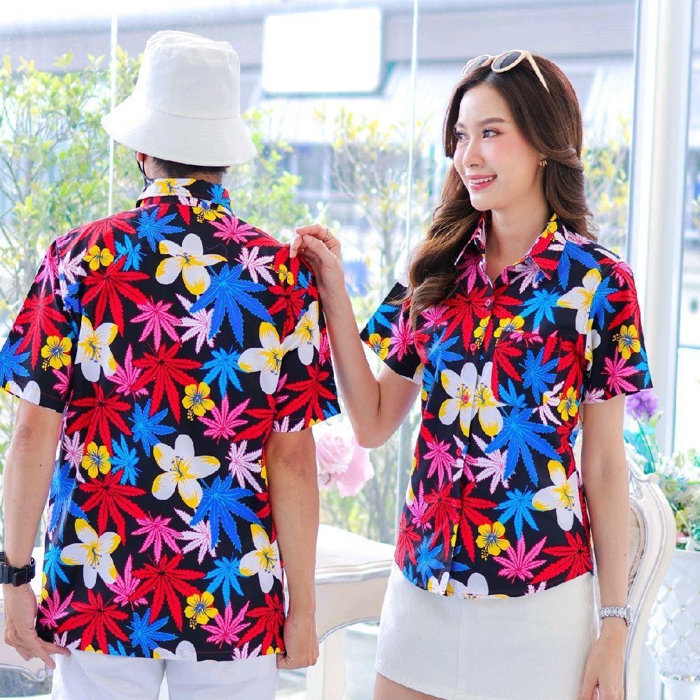 037เสื้อเชิ้ตลายดอก ผ้าคอตตอน100% สีไม่ตก ผ้าไม่หด ลายคมชัด มีไซส์หญิงชาย งานป้ายKTIERออกแบบเอง*1ตัว*