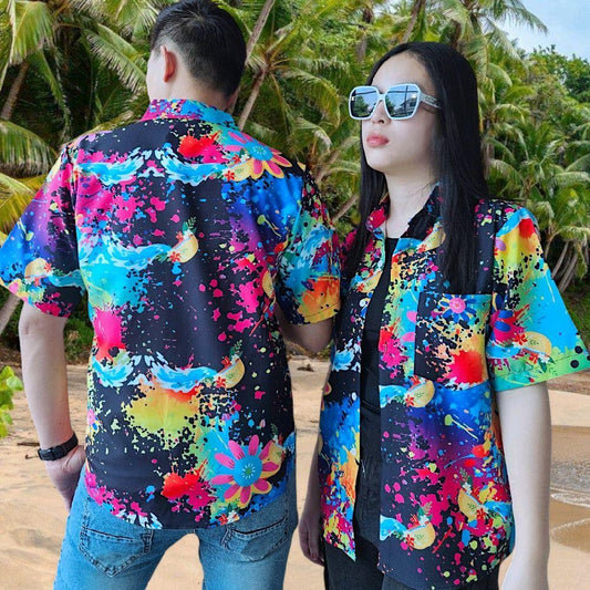 Pink021 เสื้อฮาวายลายใหม่2025 สาดสีลายดอก ทรงวัยรุ่น หญิงชายใส่ได้ ผ้าโพลีพรีเมี่ยม ไซส์38-56นิ้ว **1ตัว*