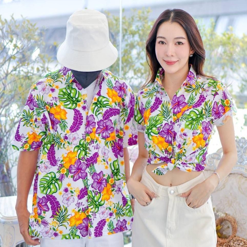 PINK028เสื้อเชิ้ตลายดอก ผ้าคอตตอน100% สีไม่ตก ผ้าไม่หดทลายคมชัด มีไซส์หญิงชาย34-56นิ้ว งานป้ายKTIER**1ตัว
